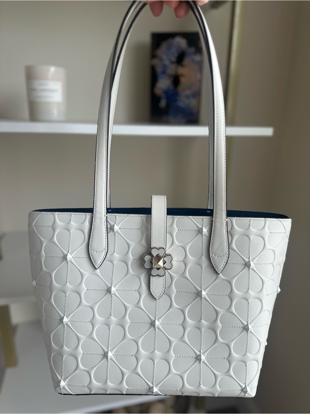Kate Spade Spade Flower Embossed Tote White w/ Navy Interior